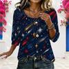Women Plus Size Round Neck 3 4 Sleeve Star Stripe Printed Loose Blouse Navy Red White