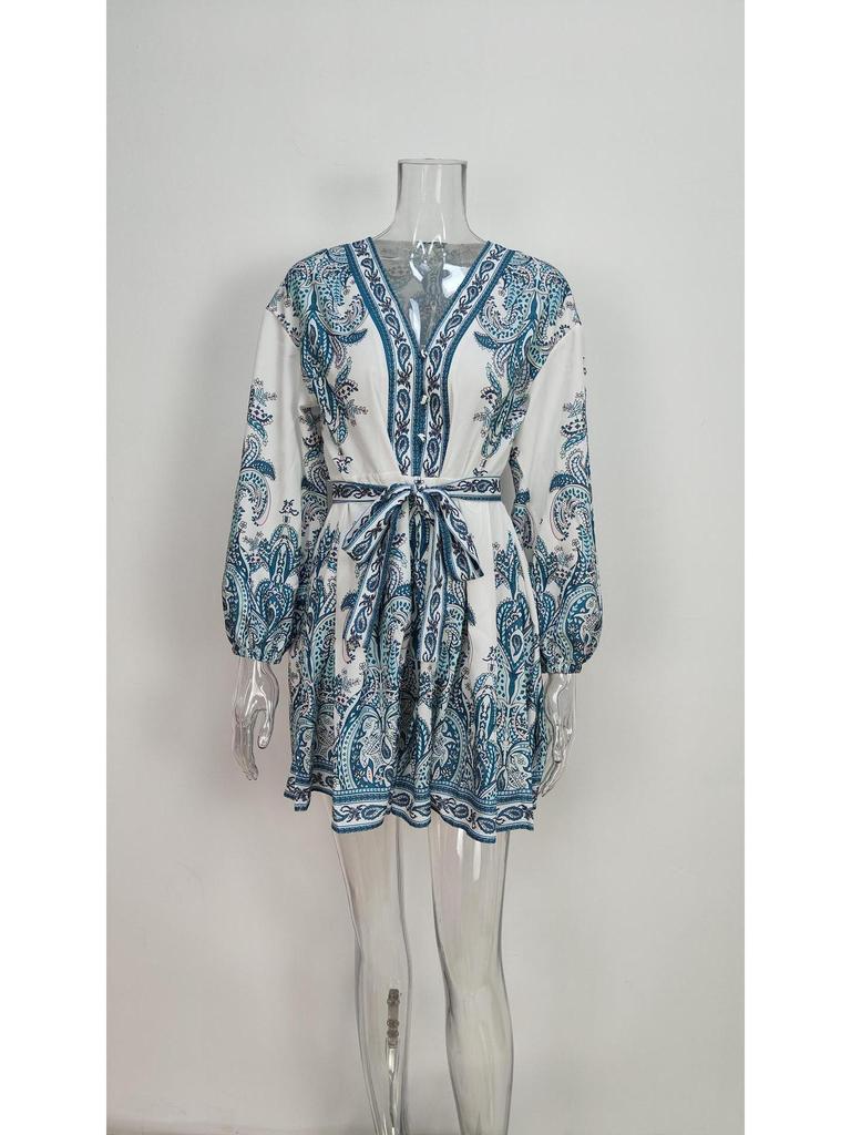 Damen Retro Nationalstil Laternenärmel V-Ausschnitt Print Kurzes Kleid