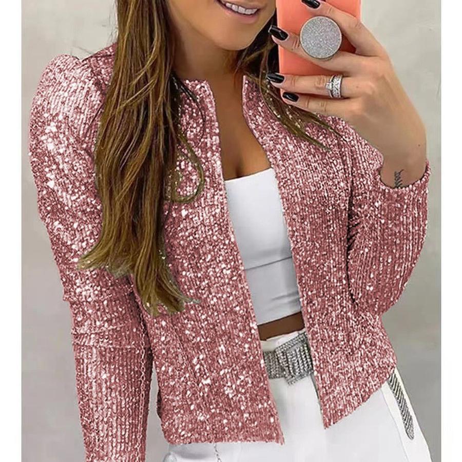 Lente Nieuwe Damesmode Opstaande Kraag Patchwork Pailletten Jas Kort Casual Veelzijdig Bovenkleding