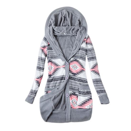 Stribet Print Langærmet Sweaterfrakke Efterår Vinter Knaplukning Hætte Plysforing Sweater Cardigan Ydertøj