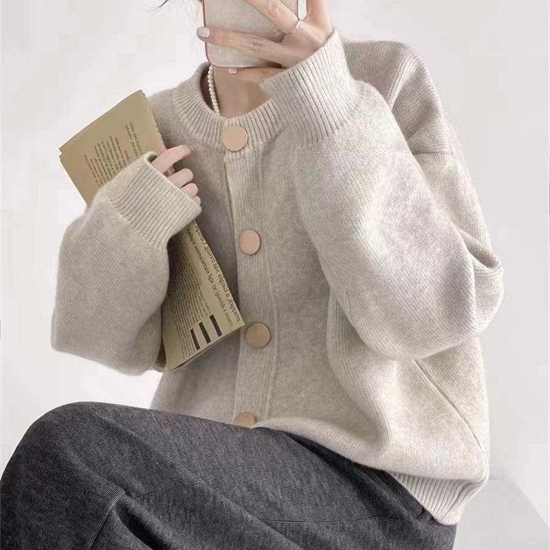 Spring and Autumn New Crew Neck Lazy Wind Single-breasted Solid Color Casual Knitted Cardigan Sweater Women's Jacket