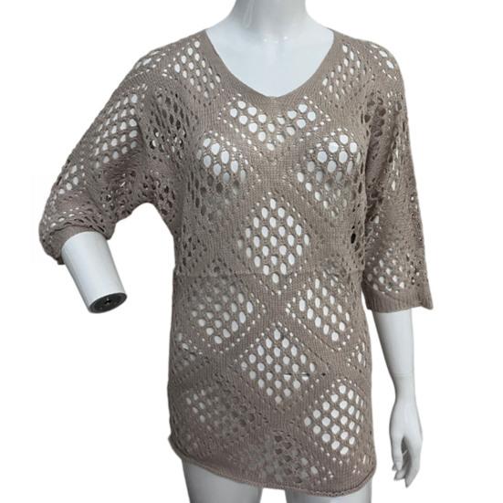 Women Tops V-Neck Three-quarter Sleeves Loose Fit Knitted Tops Pure Color Hollow Design Summer Casual Blouse