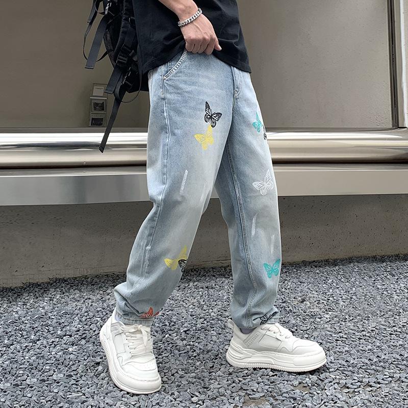 Guochao Denim Daddy Pants Fashion Butterfly Print Light Blue Washed Jeans Men's and Women's Couple Pants
