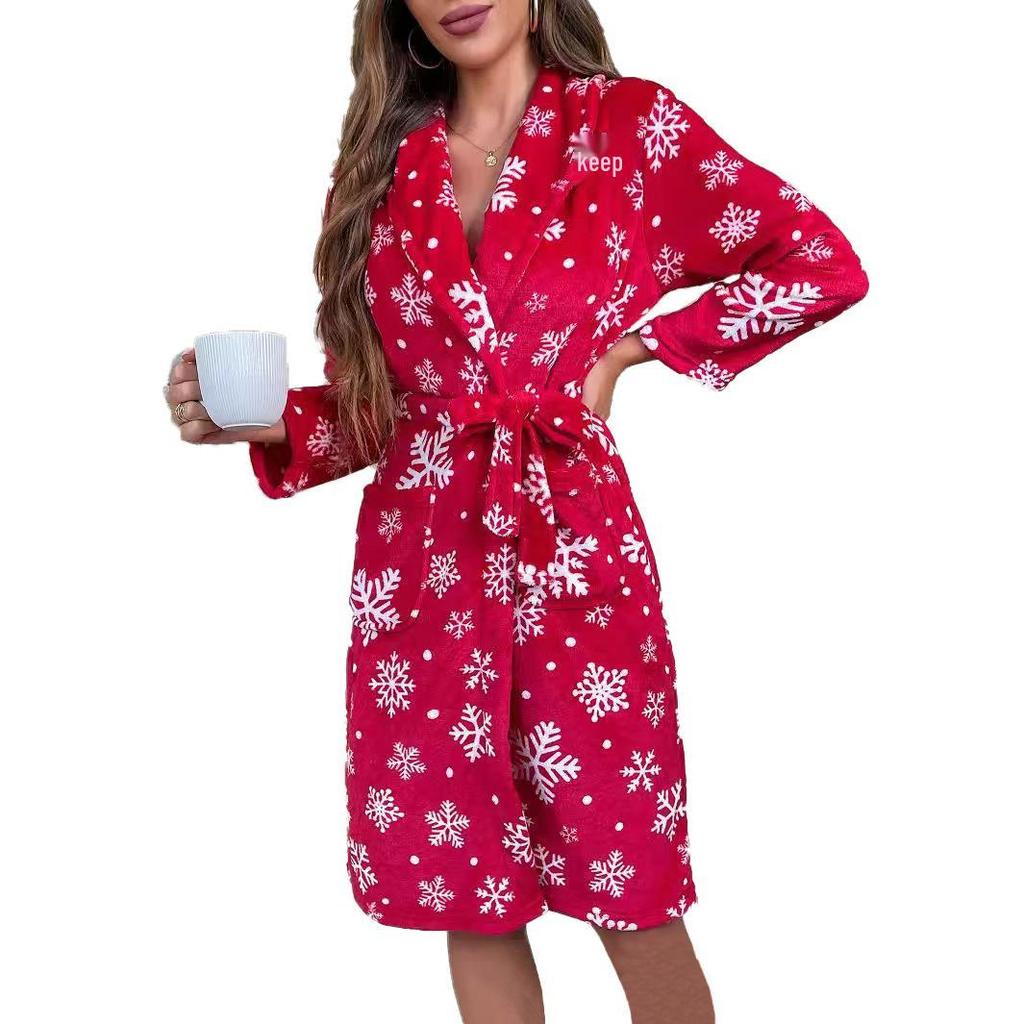2025 Christmas Snowflake Print Thick Flannel Bathrobe Nightgown for Women