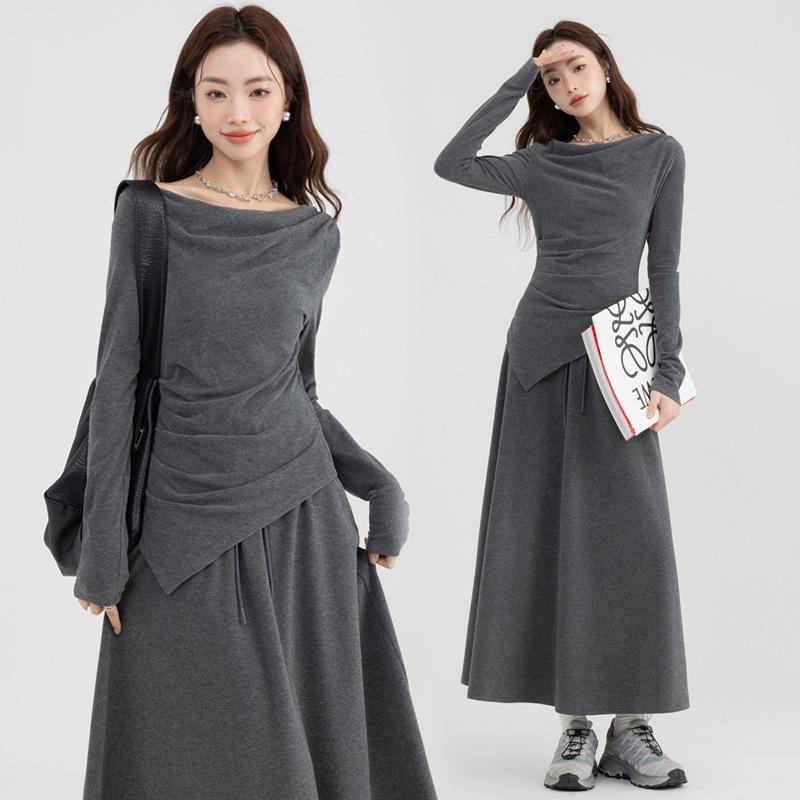 Elegant Autumn Two-Piece Set: Long Sleeve Irregular Top & One-Shoulder Midi Skirt