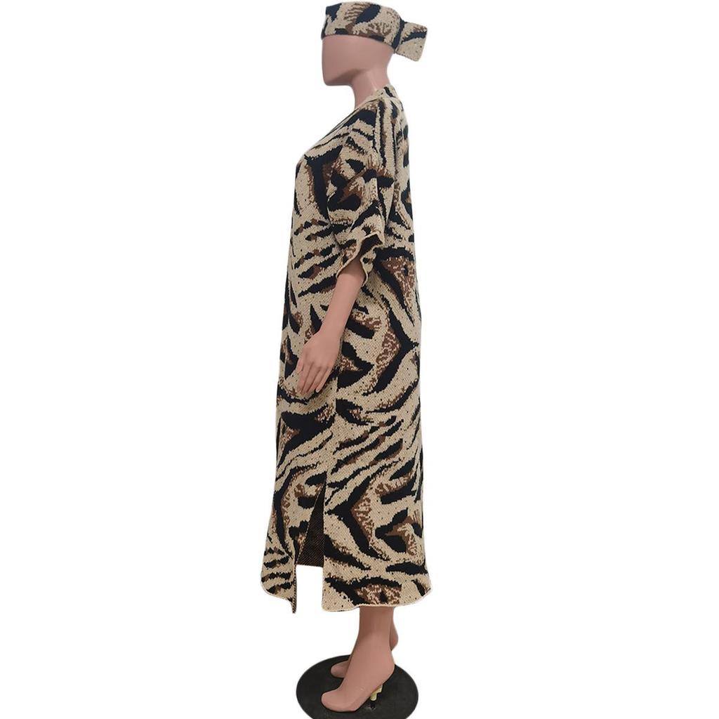 TS1278 Damen Strick-Cardigan im Leopardenmuster mit Kopftuch