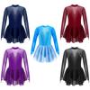 Robe de Patinage Élégante pour Filles Manches Longues Col Rond Dos Creux Maille Scintillante Strass Patchwork Maillot de Danse Ballet