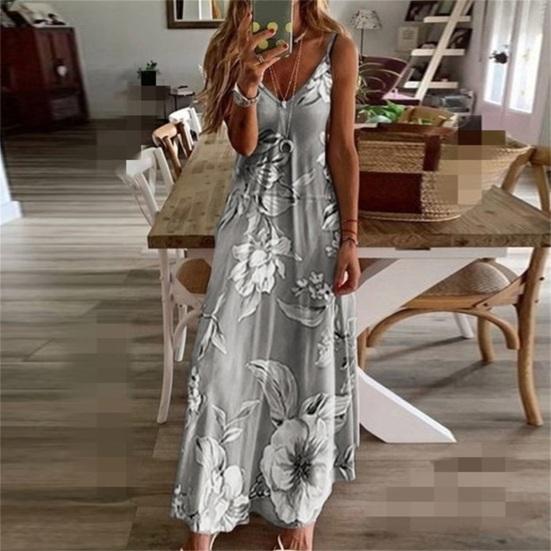 Women Dress Floral Print Large Hem Streetwear Elegant Spaghetti Strap Maxi Dress for Party