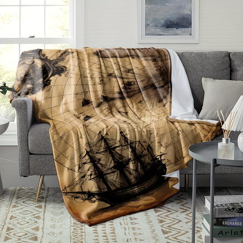 Retro nautical map pattern Flannel printed blanket suitable for all seasons suitable for living room office sofa and travel