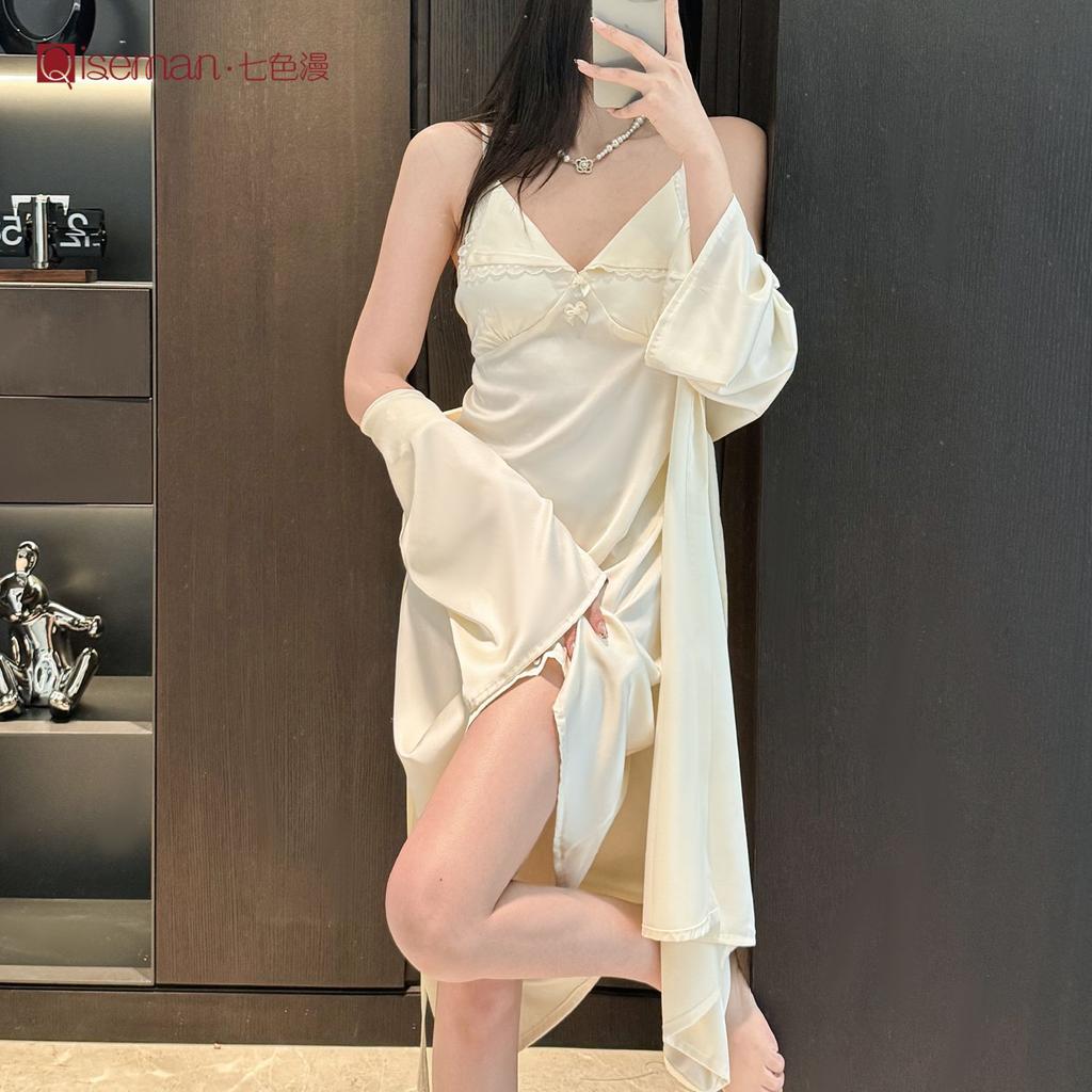 Ice Silk Suspender Nightdress Women's Summer Sexy Pure Lust Girl Loungewear Suit with Chest Pad Silk Pajamas Spring and Summer