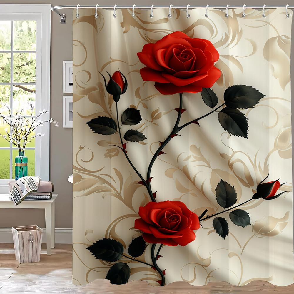 1 Piece Romantic Red Rose Flowers Shower Curtain, Bathroom Decorative Shower Curtain,Printed Polyester Home Curtain with Hooks