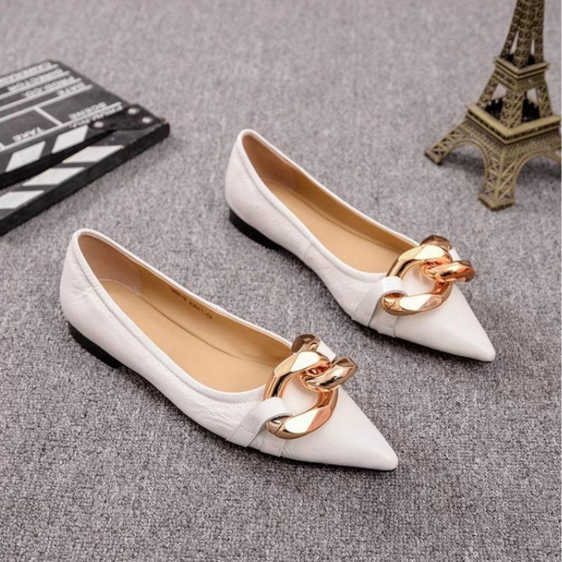 Fashion Flat Shoes for Women 2025 Spring and Autumn New Pointed Toe Metal Chain Fashion Flat Casual Plus Size Women's Shoes