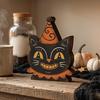 Decorative Tiered Tray Elements Halloween Vintage Wooden Ornaments, Cute Bat/Black Cat/Owl/Pumpkin/Ghost/Skull Decorations, Retro Double Sided Festive