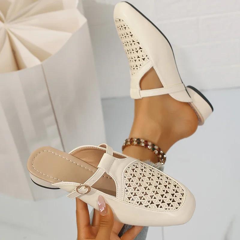 Fashion Hollow Out Closed Toe Flat Sandals Women Buckle Decor Soft Sole Non Slip Mules Slippers Summer Light Comfort Platform Beach Shoe