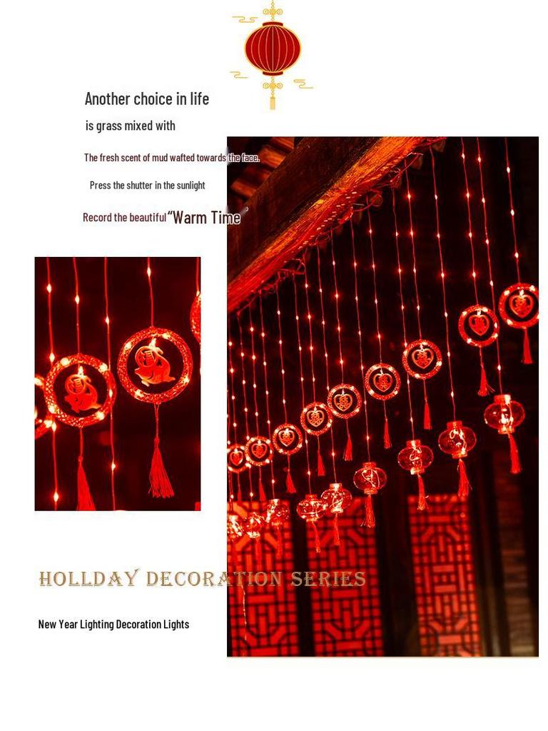 Spring Festival LED Red Lantern Ornaments: Solar Fu Character Colored String Lights for New Year Balcony Decor.
