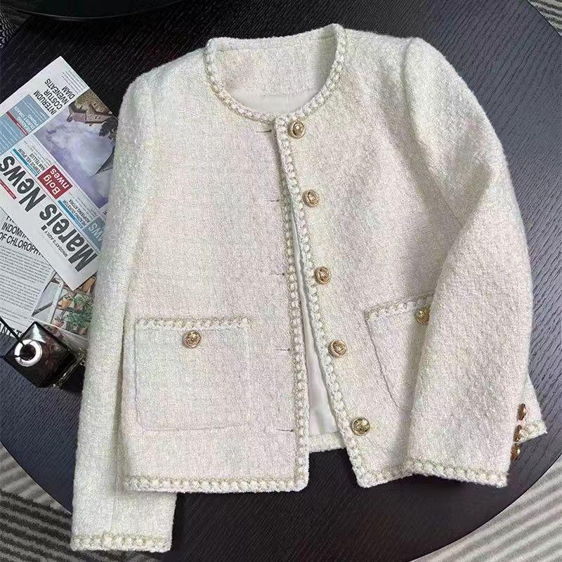 2025 Korean Style Off-White French Tweed Socialite Jacket for Women