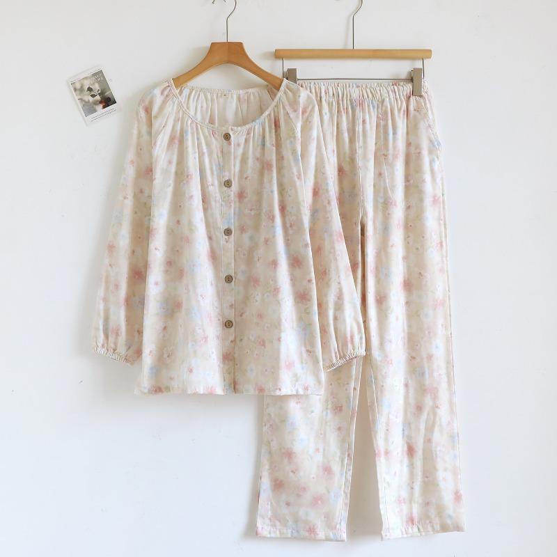 2026 Spring and Autumn New Pajama Set 100% Cotton Gauze Long Sleeve Long Pants Two Piece Sweet Style Home Clothing Set