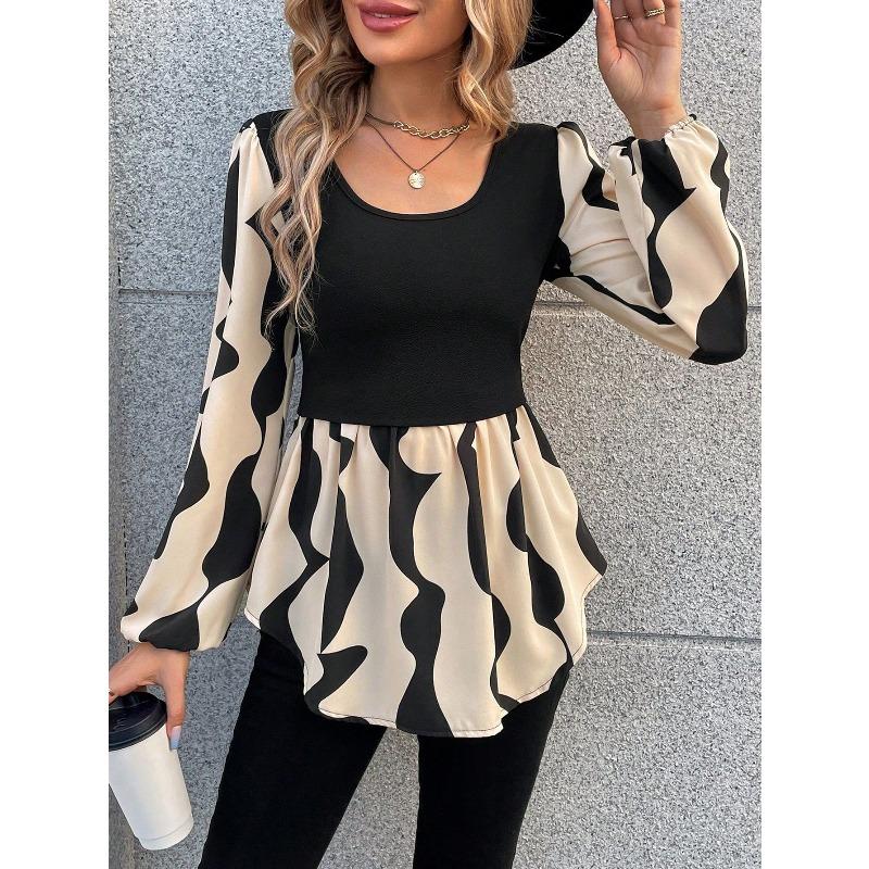 Women's Abstract Print Long - Sleeve Top, Square Neck, Black - Beige Design, Ideal for Casual Errands & Office Days