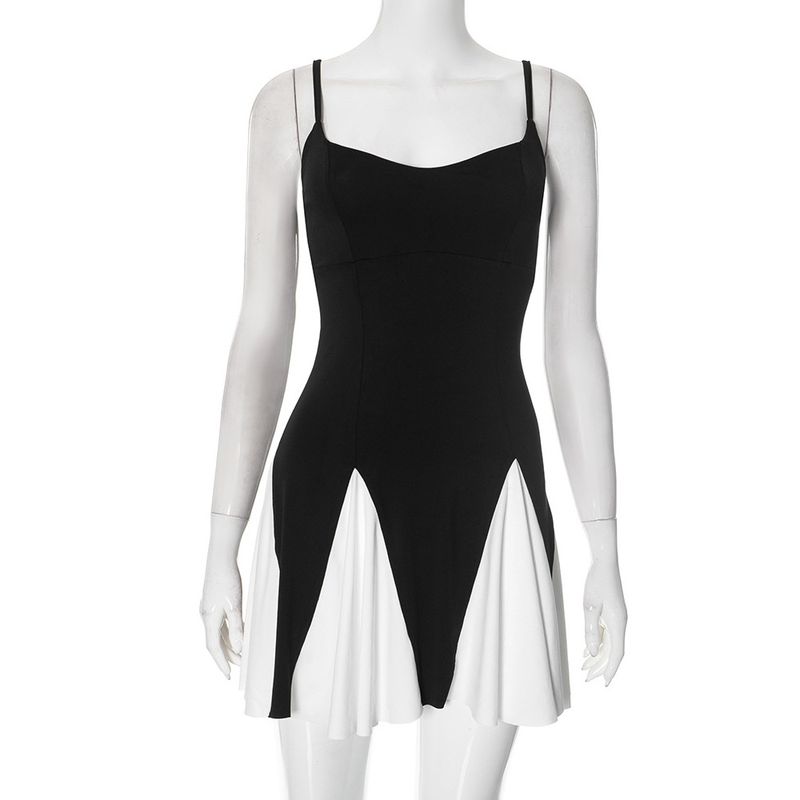 

Contrasting Dress European and American Women clothes New Contrast Color Sleeveless One Shoulder Sexy Sling Patchwork Dress Black L