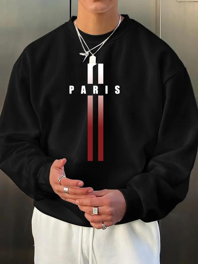 Men's Fashion Simple Design Paris Line Pattern Print, Daily Casual Sweatshirt, Versatile Long-Sleeve Crewneck Sweatshirt