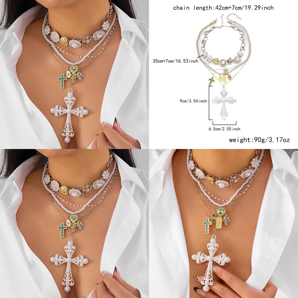 Style Layered Cross Pendant Necklace With Rhinestone Embellishments For Women