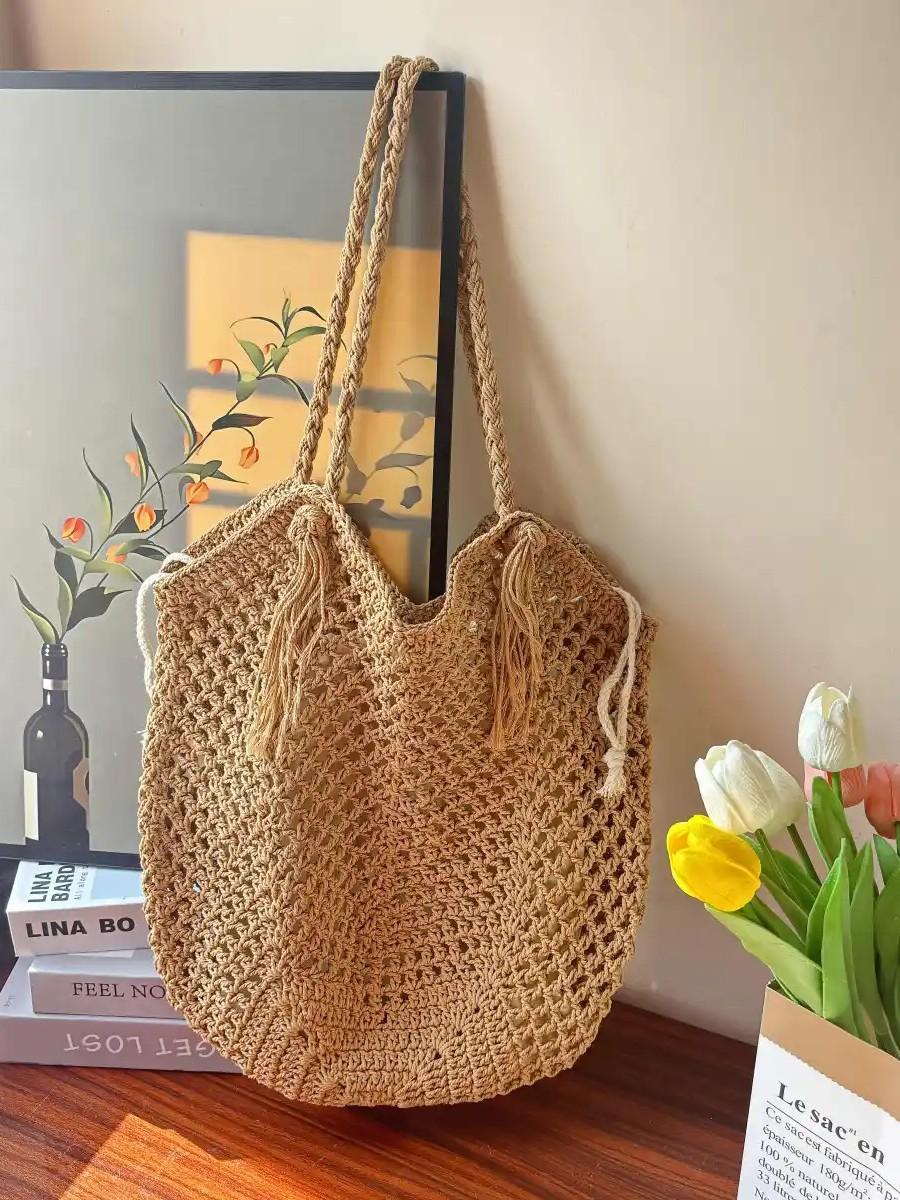 Tassel vacation straw bag women s bag beach bag women s handwoven bag cotton thread new large-capacity tote bag хаки