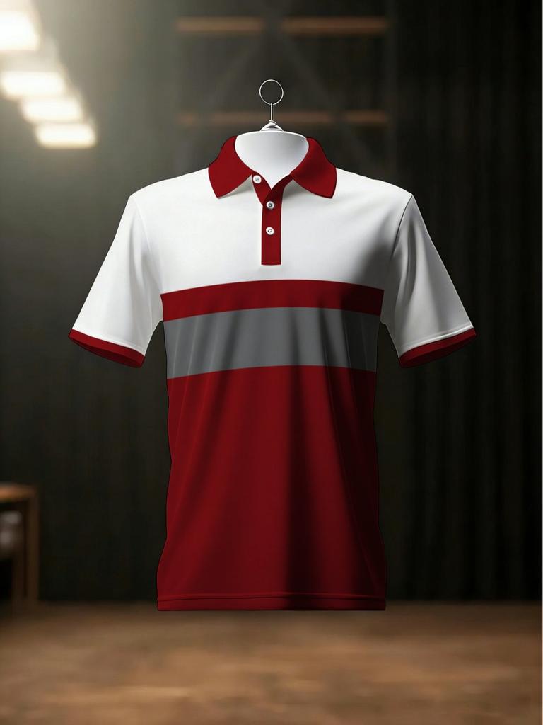 Men's Casual Polo Shirt, Red, White, and Gray Contrast Color, Lightweight and Durable Polyester Material, Ideal for Restaurants and Offices, Featuring