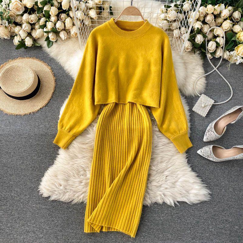 Autumn/Winter Chic Turtleneck Batwing Sweater & V-Neck Dress Set