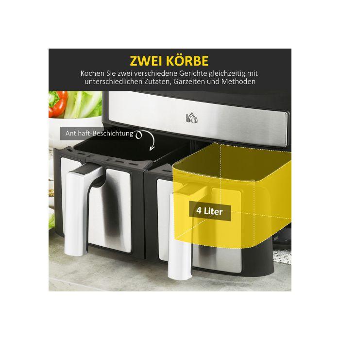 Friteuse à air chaud HOMCOM 8L Dual Chamber Air Fryer with 10 Programmes, 2400 Watt Air Fryer, Black