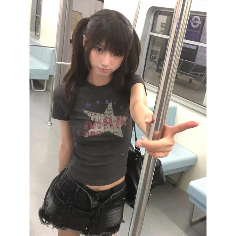 KOSY  Y2k Japanese Print T-shirt Women Slim Short Sleeve Tee American Retro Vintage Graphic Tops Fairycore Tshirts