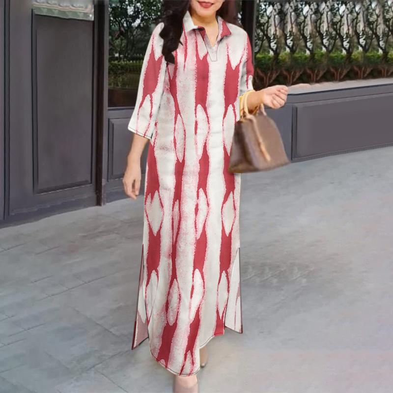 ZANZEA Women Print Casual Turn Down Collar Loose 3/4 Sleeve Long Dress