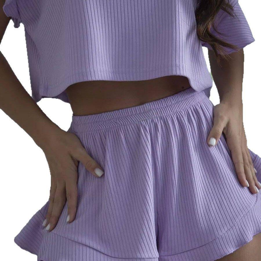 

Модный Комплект: Рубашка-топ в рубчик с воланами и Шорты – Сексуальный Укороченный Топ с Широкими Манжетами для Повседневной Носки, Спорта или Дома Medium фиолетовый