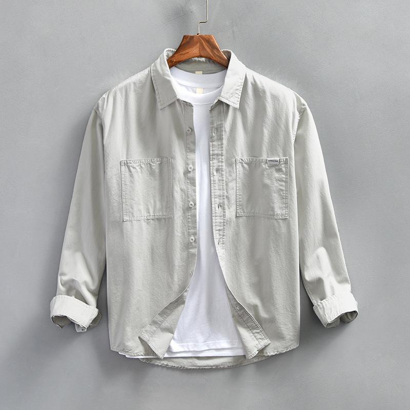 Japanese Style Workwear Man Shirts Spring and Summer Long Sleeve White Shirt Pure Cotton Men's Casual Shirt Double Pockets Loose Top