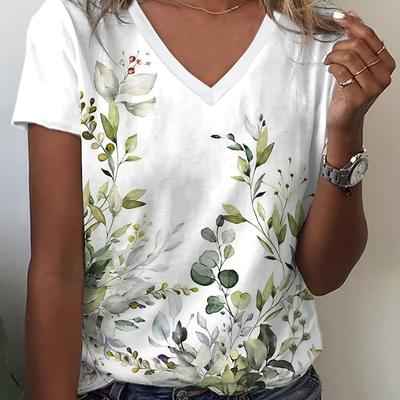 T-shirt a V con vivace stampa di piante - Top morbido traspirante casual a maniche corte per primavera estate abbigliamento rilassato da donna