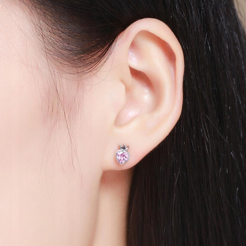 S925 Earrings, Hearts, With A Crown Of Cubic Zirconia For A Princess