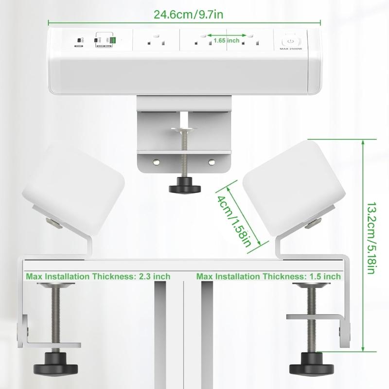3 Outlet Desk Clamp Power Strips with USB C, Flat Plug Desktop Edges Power Strips, Desk Mount Clamp Socket Connect