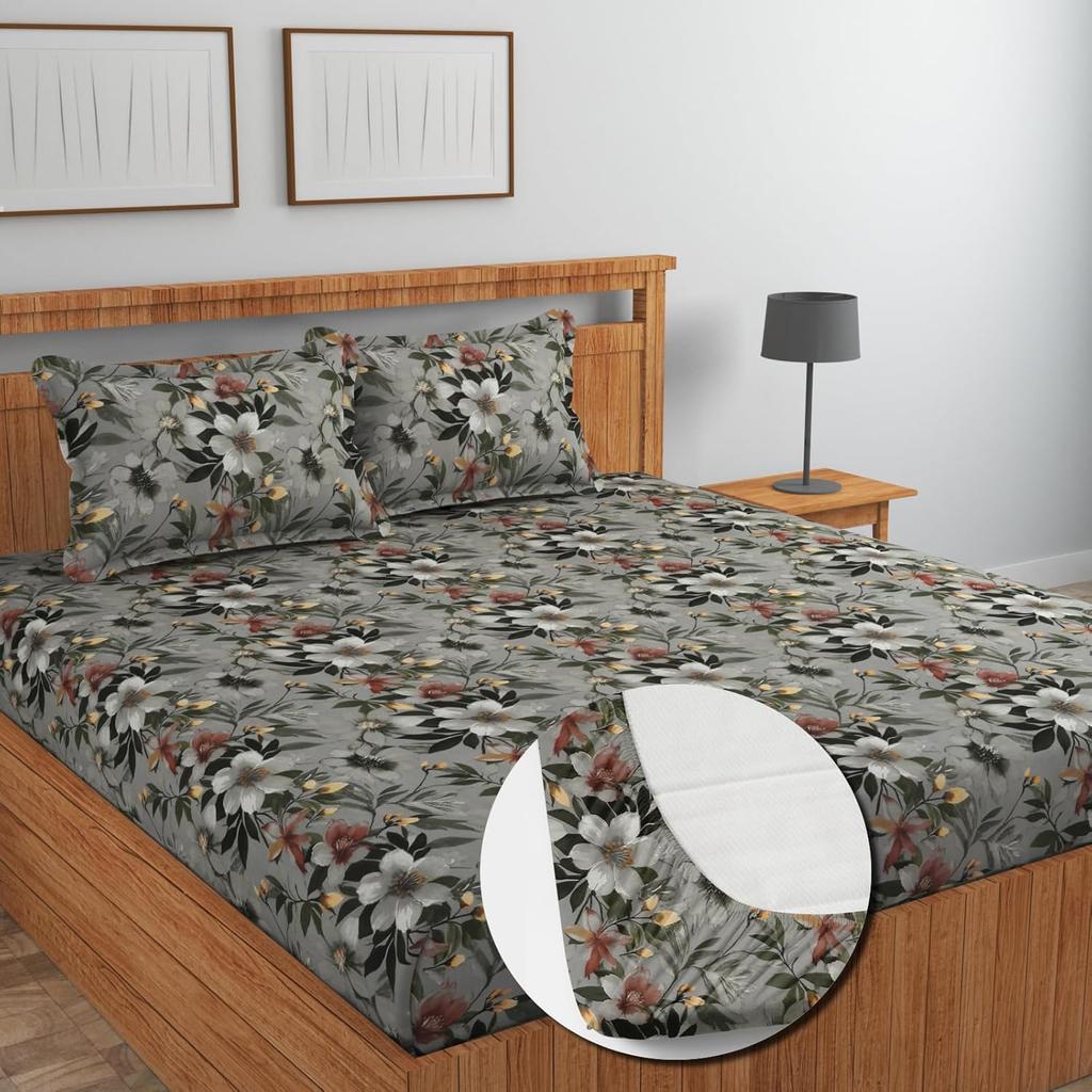 Premium Cotton Elastic Fitted Bedsheets  | Size: Bedsheet - 198.12CM x 182.88CM + 25.4CM (Drop) Pillow Cover -  46 cm x 68 cm