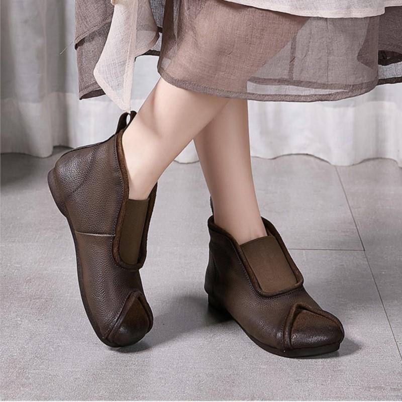 Johnature Handmade Vintage Genuine Leather Flat Ankle Boots Round Toe Soft Cowhide Women's Slip-on Shoes