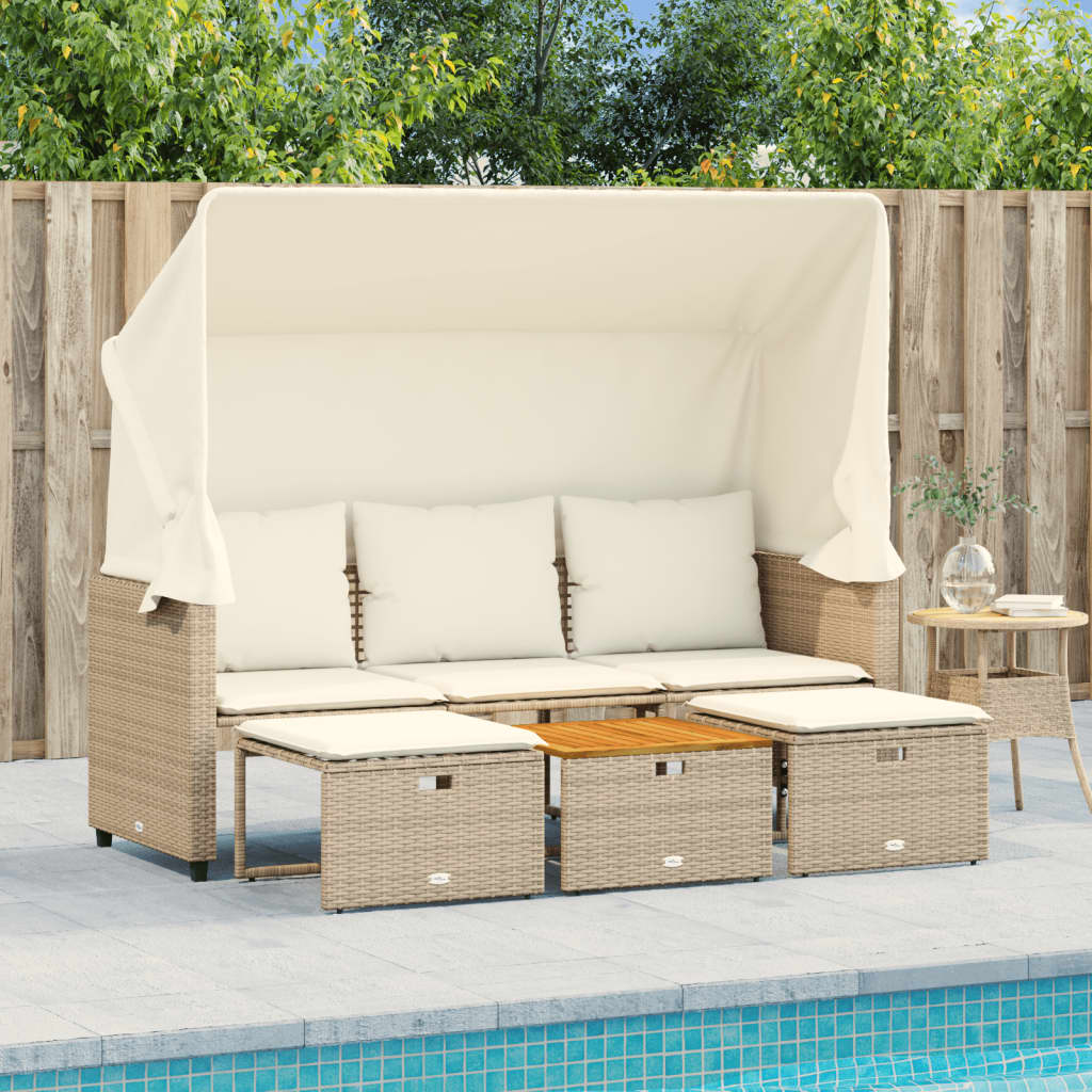 Outdoor 3 Seater Sofa with Canopy and Footstools Beige Poly Rattan