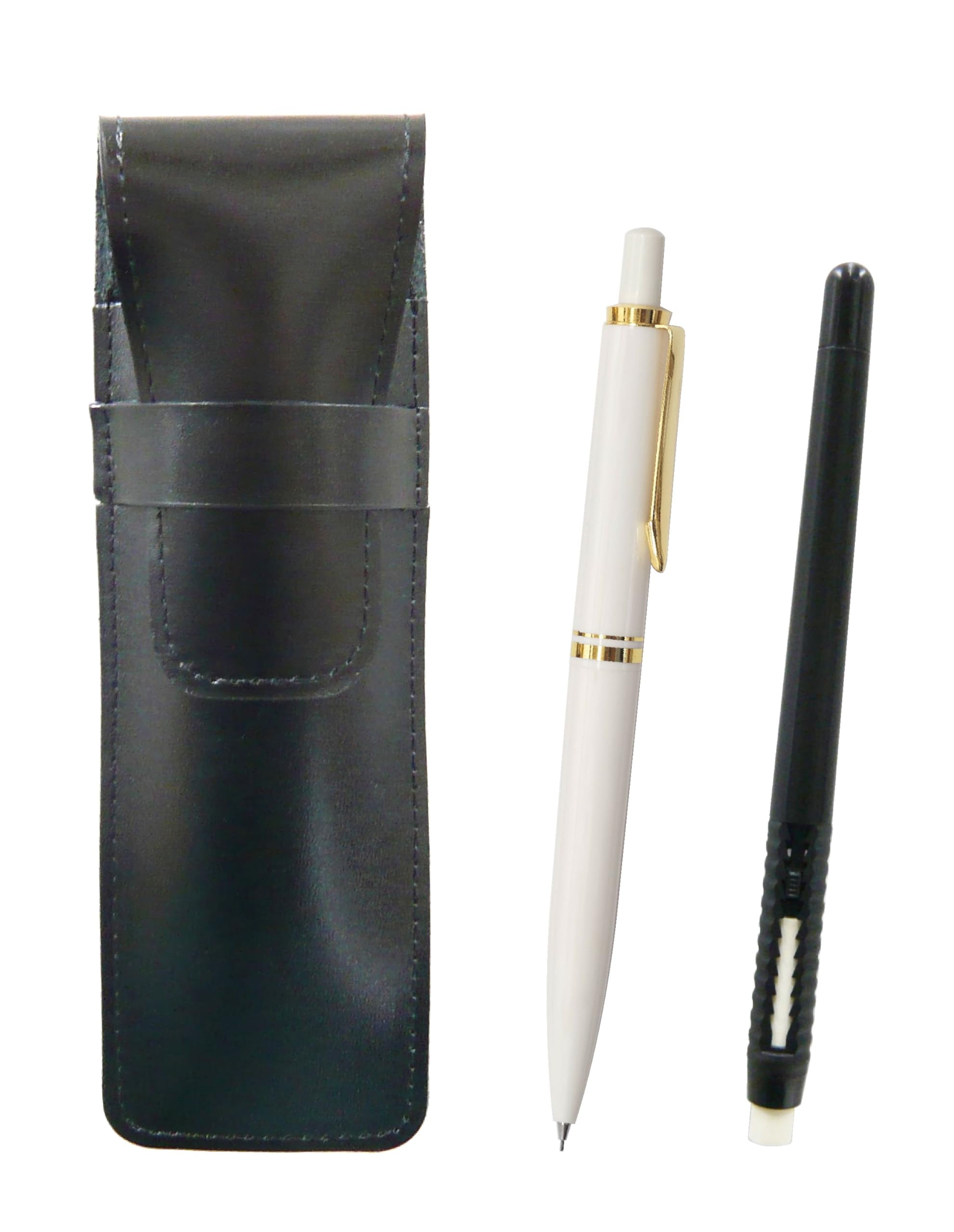 

2 Pack Slim Cowhide Pencil Case Black Pen Shaped Eraser Black and Euro Style Brass Parts Retractable Mechanical Pencil Set White T23-ASBMC46B-NXS-W-2