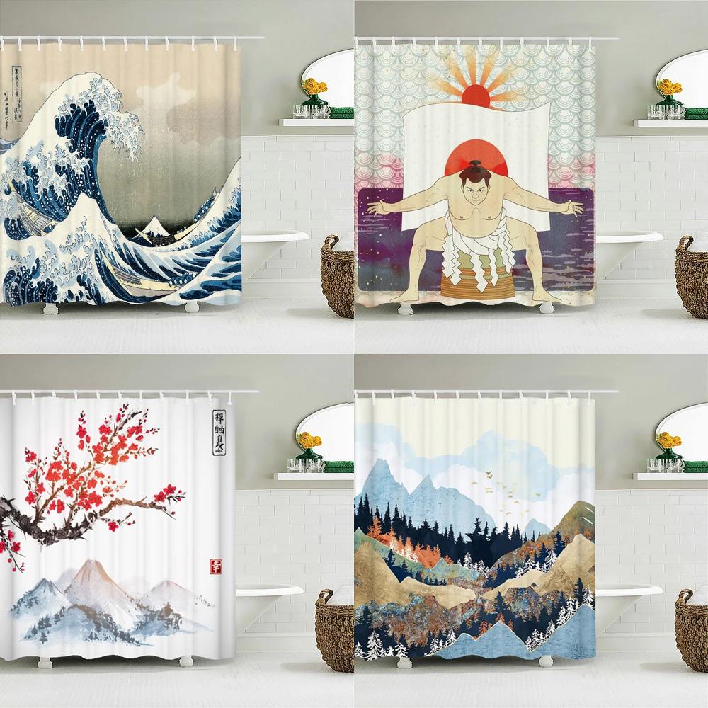 

Waterproof Polyester Fabric Shower Curtain Japanese-style Waves Samurai landscape 3d Printing Bathroom Decor Shower Curtains W90xH180cm