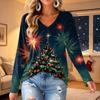 Women's V-Neck Long Sleeve Christmas Print Lightweight Blouse for Spring and Summer