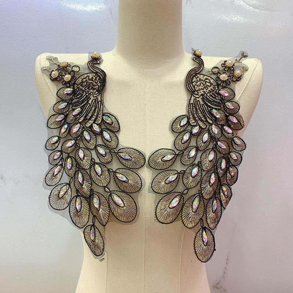 

1 пара Черный Белый Вышитый Павлин Стразы Украшение DIY Одежда Пришивная Кружевная Аппликация чёрный