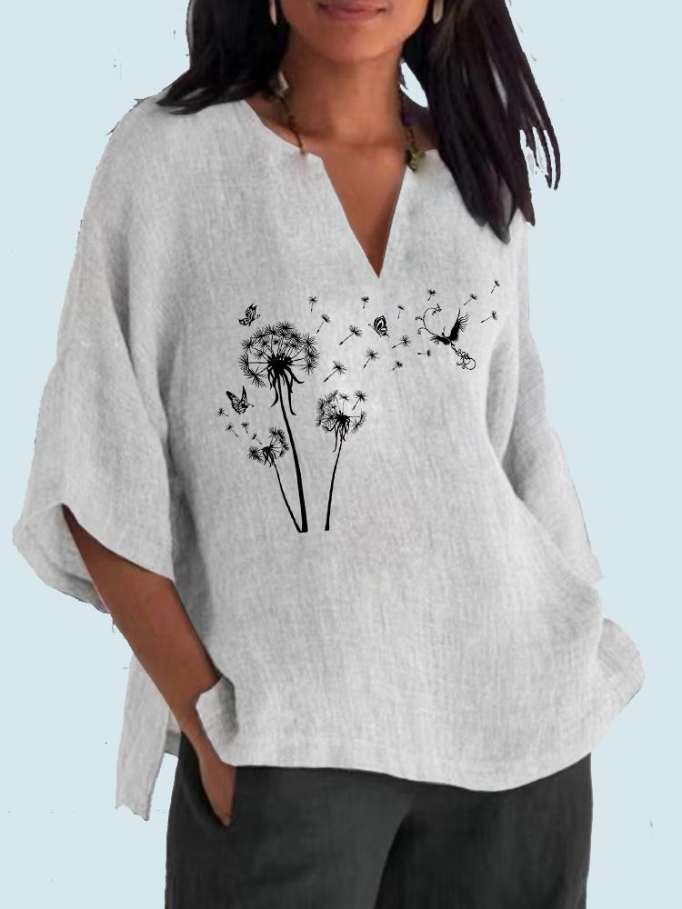 

Женская модная блузка с V-образным вырезом и принтом, длинный рукав 3/4, хлопковая льняная рубашка, женский пуловер, свободные топы 2XL белый