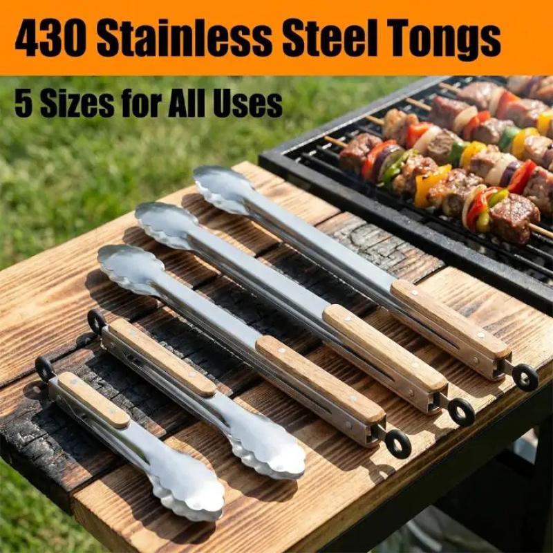Heavy Duty Stainless Steel Food Tongs with Wooden Handle, Heat Resistant BBQ Grilling Tool for Kitchen & Outdoor, 9-16 Inch