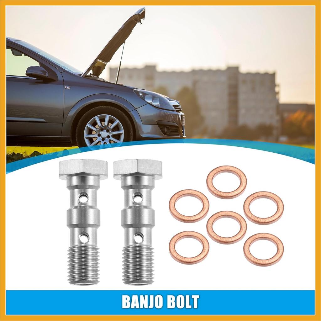 2pcs Stainless Steel AN3 3/8-24 Thread Turbo Brake Line Banjo Bolt with Copper Washers Double Banjo Bolt 31mm Length Replacement