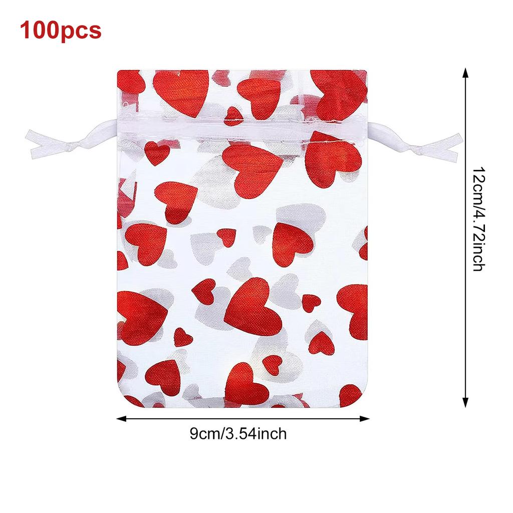 50/100Pcs Valentine's Day Wedding Party Gift Bags Love Heart Drawstring Organza Candy Cosmetic Jewelry Beads Packaging Pounches