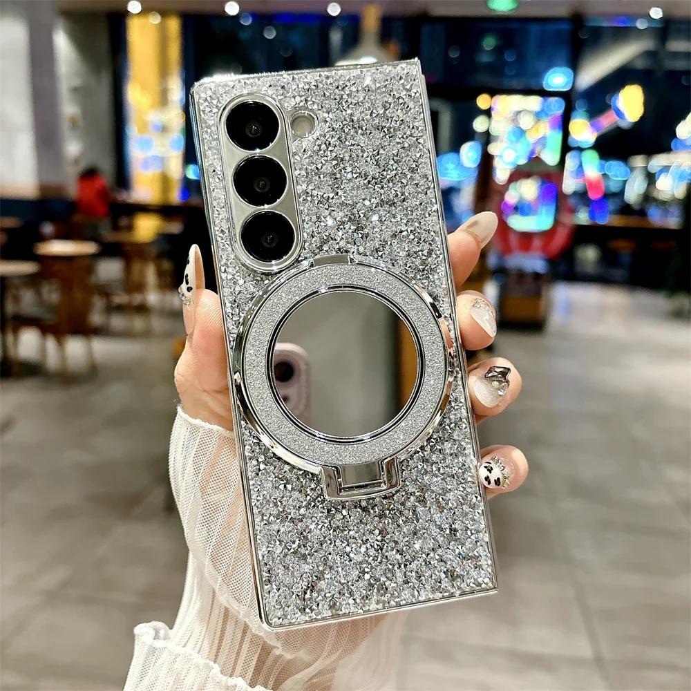 Luxurious Fashion Glitter Mirror Stand Magnetic Phone Case for Samsung Galaxy Z Fold 7 6 5 6 4 Plating Bling Diamond Back Cover