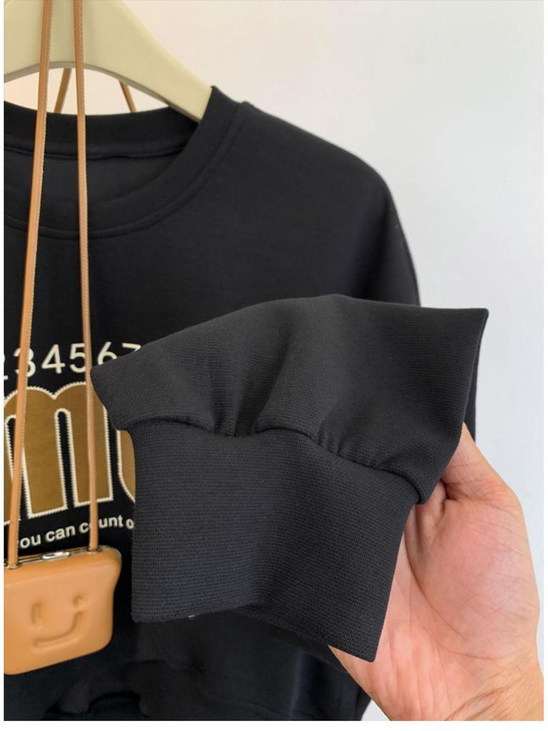 Oversized American Print Round Neck Pullover Sweater - Casual Long Sleeve Crop Top