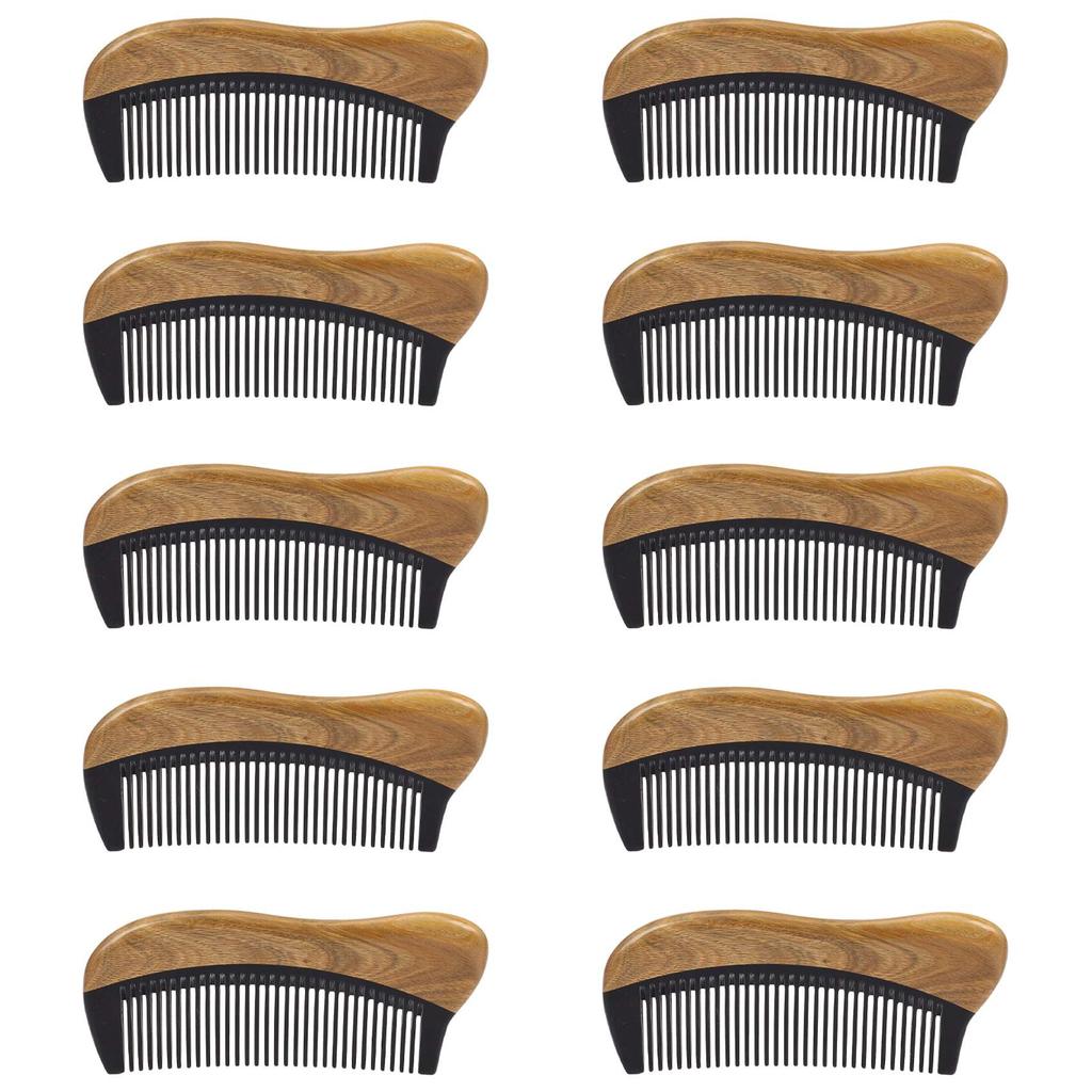 A84X-10X Natural Green Sandalwood Hair Comb - No Static Wooden Fine Tooth Black Buffalo Horn Comb (Green Sandalwood)